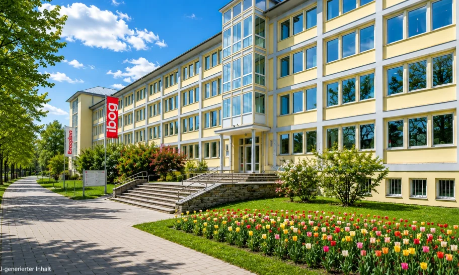 Gelbes Bürogebäude mit Eingangstreppe, Tulpenbeet, Fahnen und Gehweg unter blauem Himmel (KI-Visualisierung)