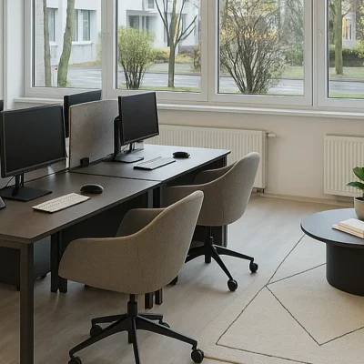 Büro im DO3 mit Arbeitsplätzen, Sitzgruppe, Pflanzen und Fenstern zur Straße (KI-Visualisierung)