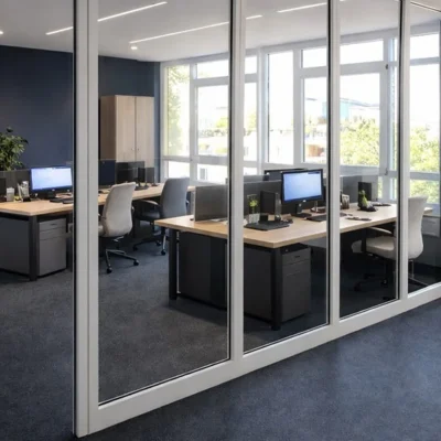 Großraumbüro im DO3 hinter Glaswand mit Arbeitsplätzen, Regalen und dunkelblauer Wand (KI-Visualisierung)