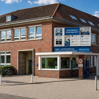 Eingang zum Gewerbepark Schmargendorf mit Backsteingebäude, Pförtnerhaus, Werbetafel und gepflasterter Zufahrt