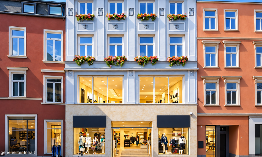 Hellgraue Altbaufassade mit Blumenkästen über Modegeschäft in der Rostocker Kröpeliner Straße