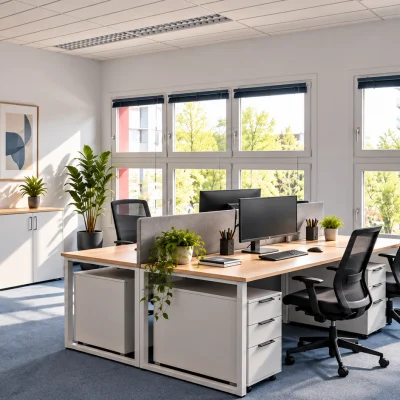 Lichtdurchflutetes Eckbüro mit Schreibtisch, blauen Fensterrahmen und Panoramablick über die Stadt