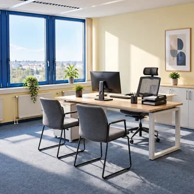 Lichtdurchflutetes Eckbüro mit Schreibtisch, blauen Fensterrahmen und Panoramablick über die Stadt