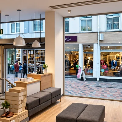Schuhgeschäft mit Regalen voller Schuhe und Blick auf die belebte Fußgängerzone
