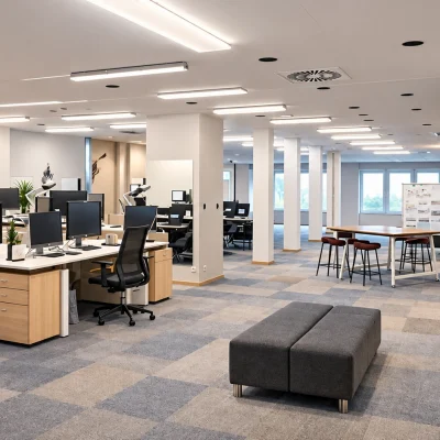 Modernes Großraumbüro mit Schreibtischen, ergonomischen Stühlen und gemütlicher Sofa-Lounge