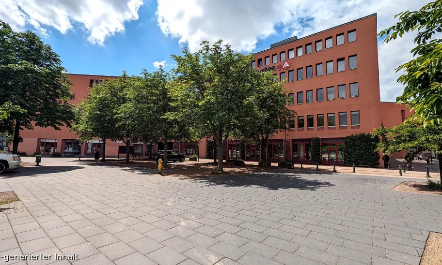 Jobcenter-Gebäude hinter grünen Bäumen auf sommerlichem Vorplatz