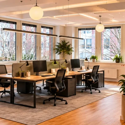 Modernes Büro mit Holzlamellen-Wandverkleidung, Schreibtischgruppe und Sitzecke