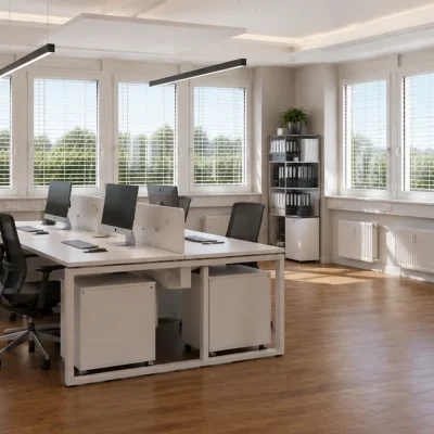 Lichtdurchflutetes Büro mit Schreibtischgruppe, Bürostühlen und raumhohen Sprossenfenstern