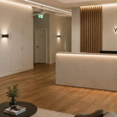 Empfangsbereich mit Rezeptionstresen, Lounge-Sesseln und Willkommens-Schriftzug an der Wand