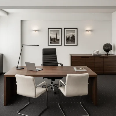 Büro mit dunklem Holzschreibtisch, zwei weißen Besucherstühlen, Sideboard und gerahmten Stadtbildern (KI-Visualisierung)