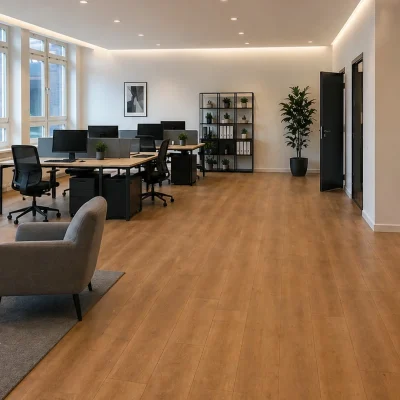 Helles Büro im Gewerbepark Schmargendorf mit Loungebereich, Arbeitsplätzen, Empfangstresen und Holzboden