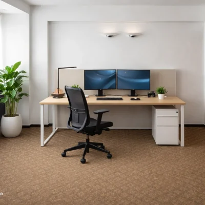 Einzelbüro mit Schreibtisch, zwei Monitoren, Zimmerpflanze und großem Holzschrank (KI-Visualisierung)