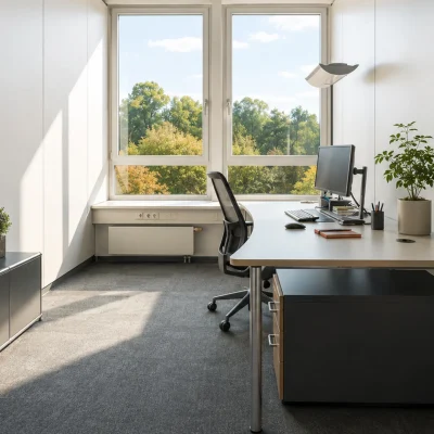 Helles Einzelbüro mit Schreibtisch, Pflanzen und Blick ins Grüne