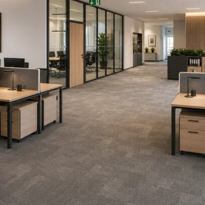 Open-Space-Büro mit Glasbüro, Sitzecke und bunten Wandbildern