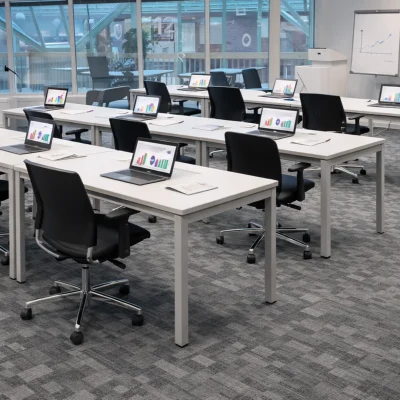 Schulungsraum mit Laptop-Arbeitsplätzen und Präsentationsbildschirm