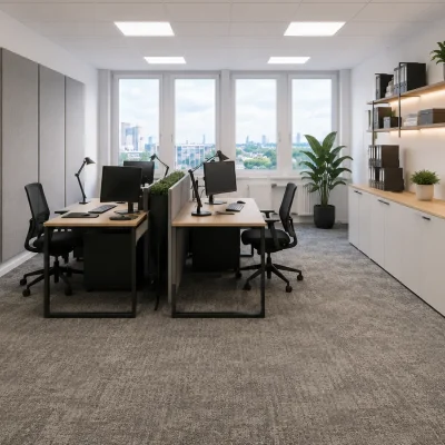 Doppelbüro mit zwei Arbeitsplätzen, Regal und Blick über die Stadt