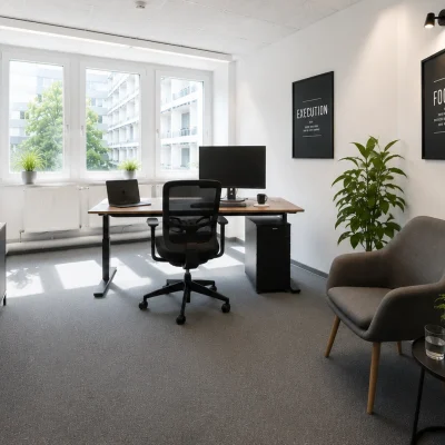 Modernes Einzelbüro mit Schreibtisch, Sessel und motivierenden Wandpostern