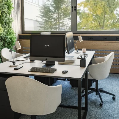 Doppelbüro mit grüner Pflanzenwand, zwei Monitoren und hellem Fenster