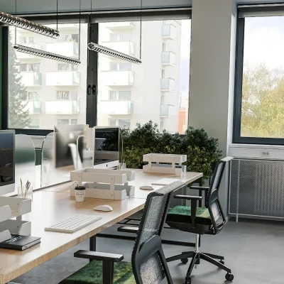 Open-Space-Büro mit grüner Akzentwand, Schreibtischen und Sichtschutz