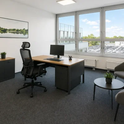 Einzelbüro mit Schreibtisch, Sitzecke und Panoramafenster