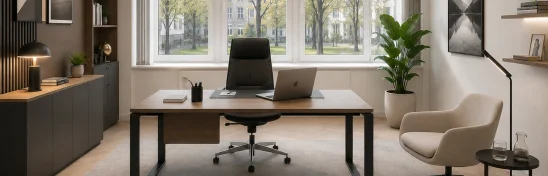Einzelbüro mit Schreibtisch, Besucherstuhl, Regalen und Fenstern mit Blick auf Bäume (KI-Visualisierung)