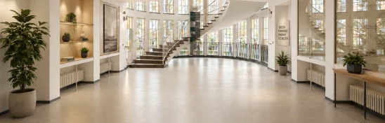 Heller Foyerbereich mit geschwungener Treppe, Fensterfront, Pflanzen und Regalnischen (KI-Visualisierung)